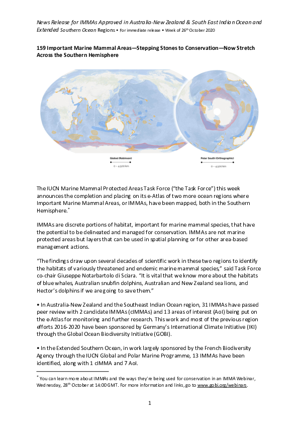 159 Important Marine Mammal Areas - Stepping Stones to Conservation - Now Stretch Across the Southern Hemisphere